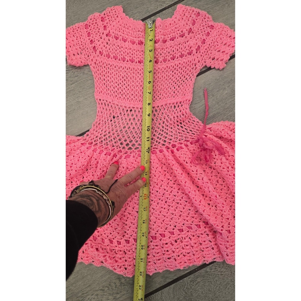 Handmade Pink Crochet Dress Kids Ribbon Accent Open Weave Vintage Style - Picture 6 of 6